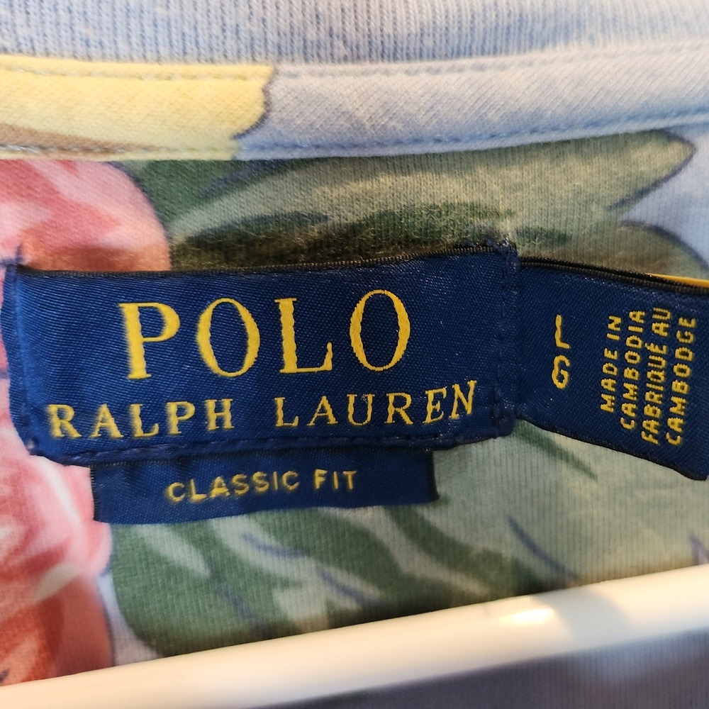 Polo Ralph Lauren T-Shirt Floral Print Classic Fit Blue Pink Coastal Prep Large - Picture 3 of 5